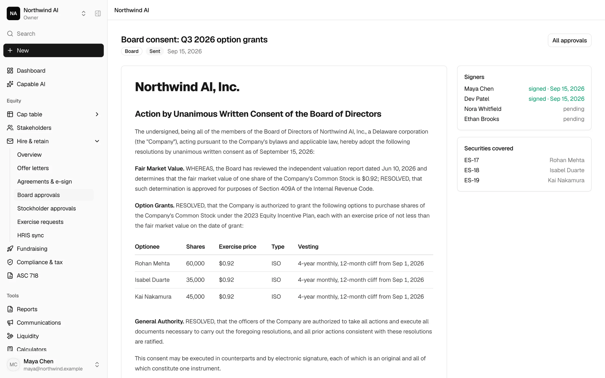 Board consent for Q3 option grants with drafted resolutions and director signature status