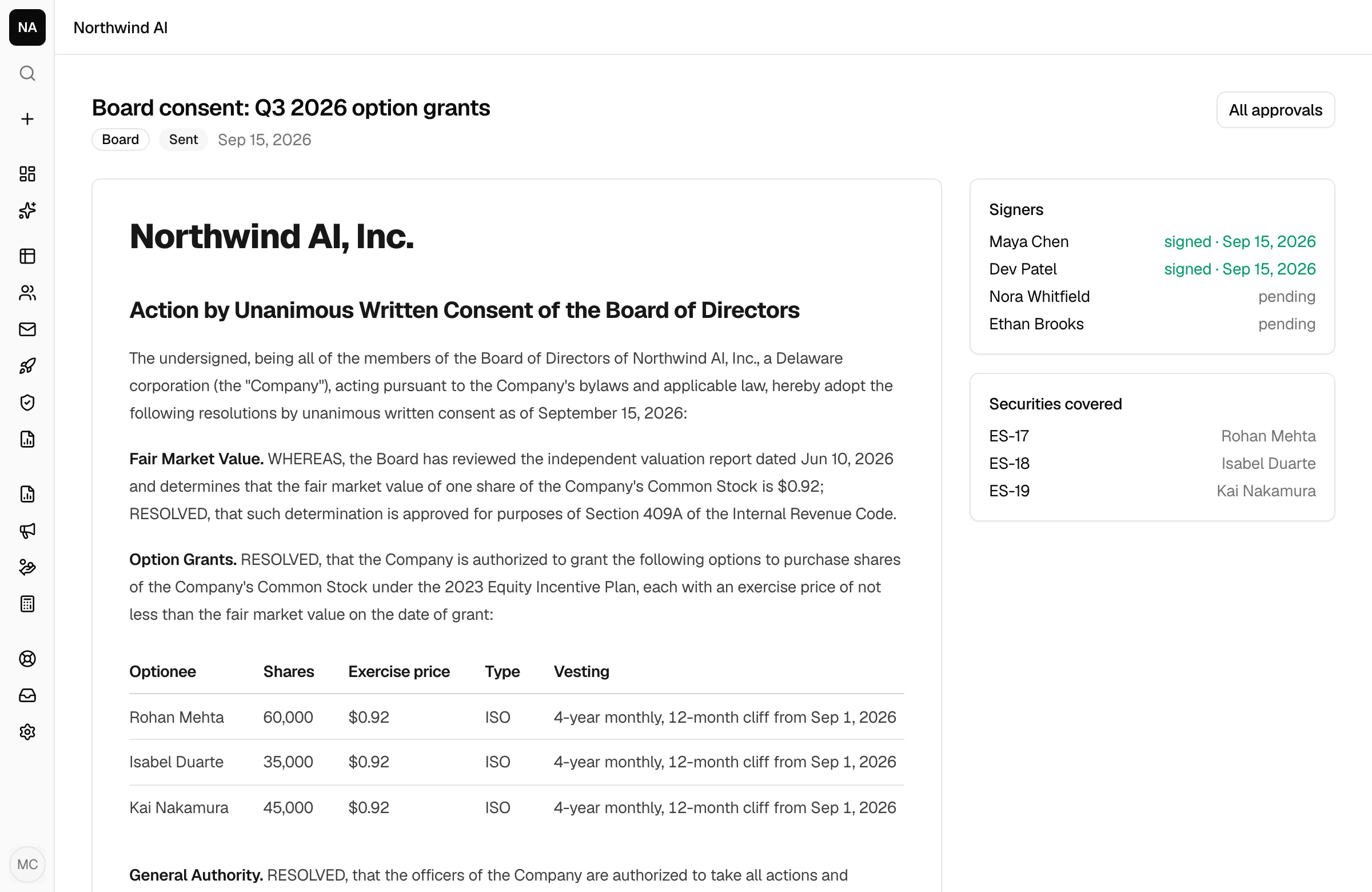 Board consent with resolutions drafted from the selected option grants