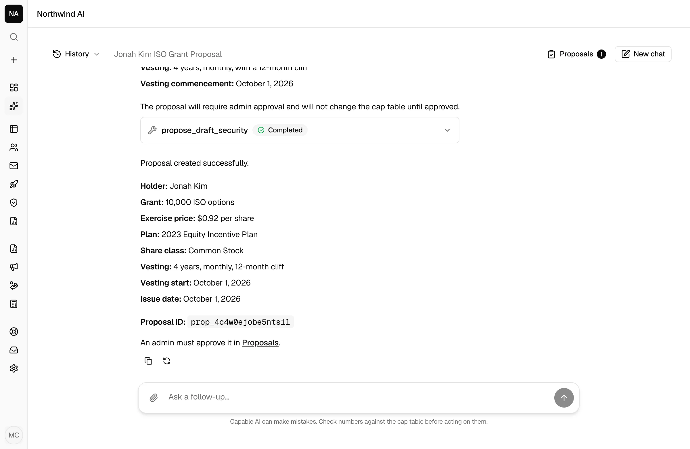 Capable AI creating a grant proposal that waits for admin approval
