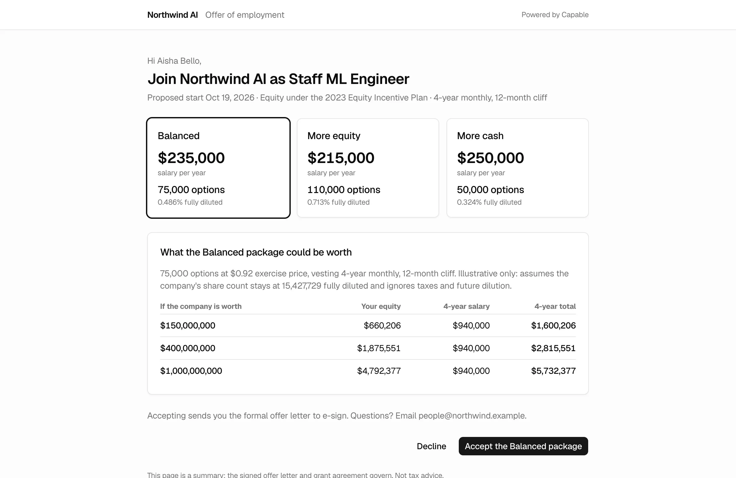 Candidate offer page comparing three salary and equity packages at different company valuations