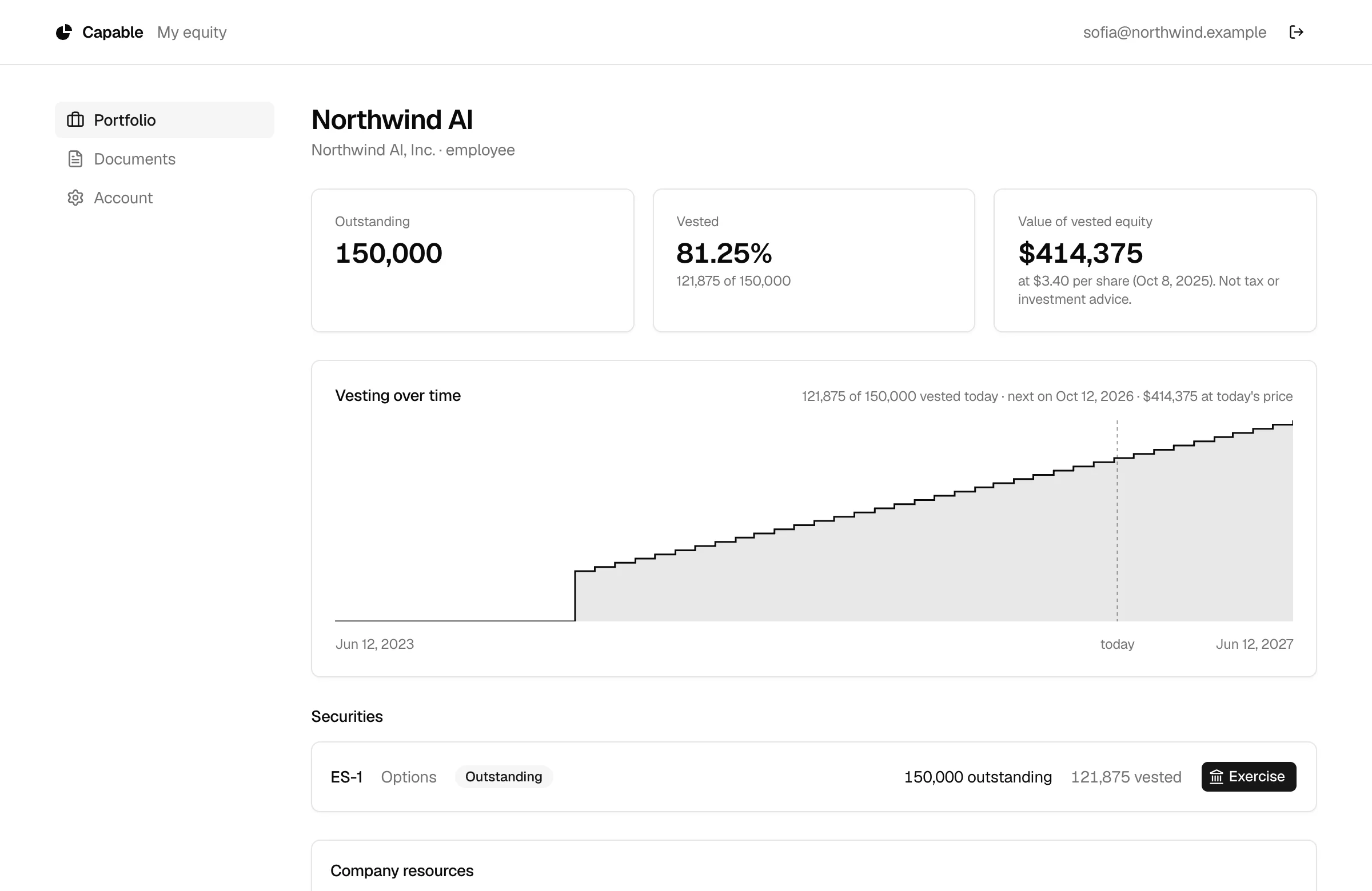 Stakeholder portal with holdings, vesting over time and exercise