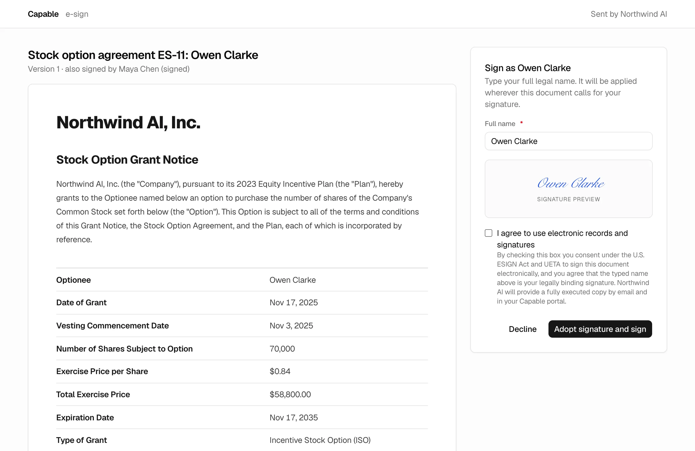 E-signature page for a stock option agreement with ESIGN and UETA consent