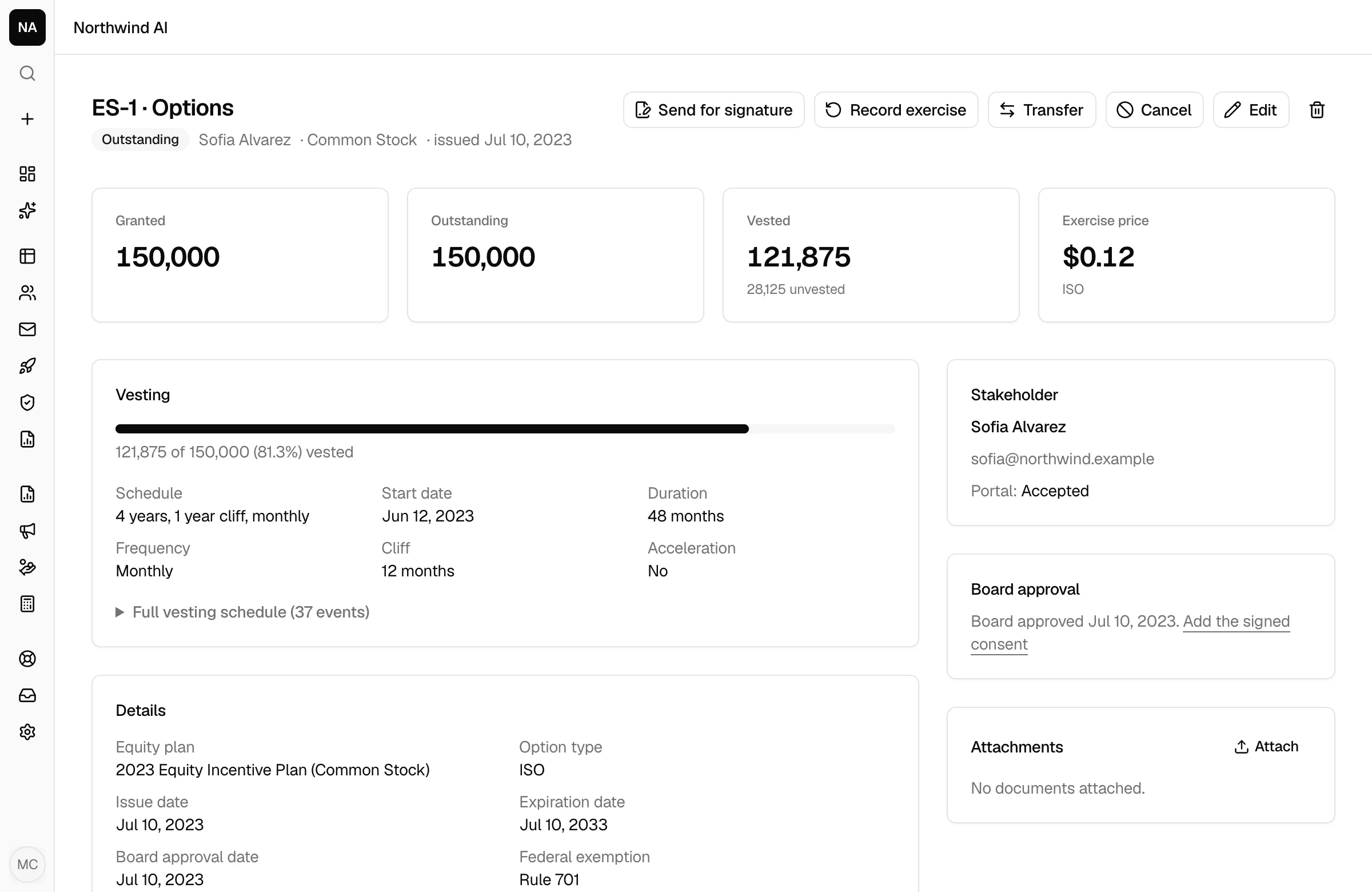 Option grant with live vesting progress, schedule, cliff and board approval
