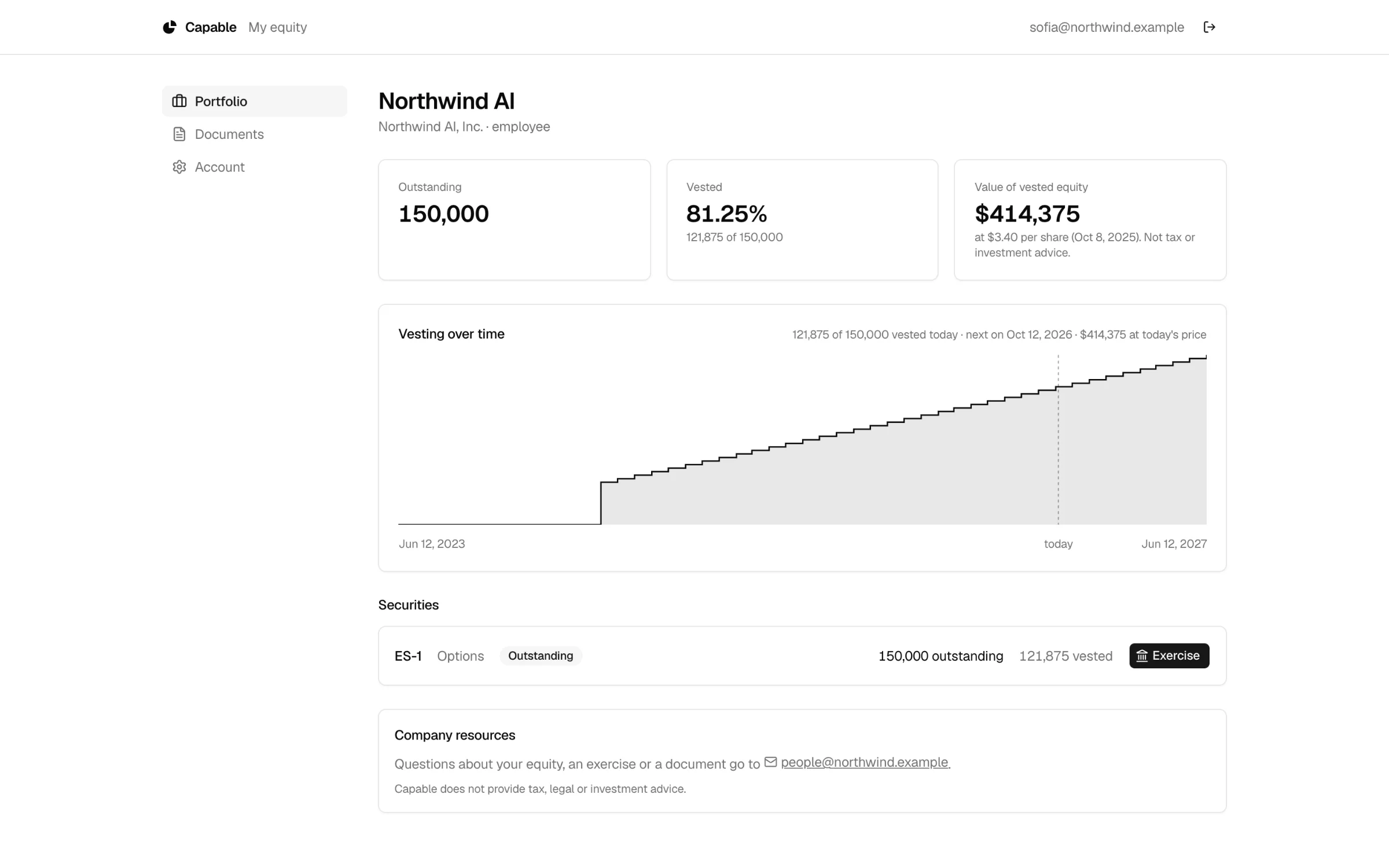 Employee portal showing vested options, equity value and a vesting chart