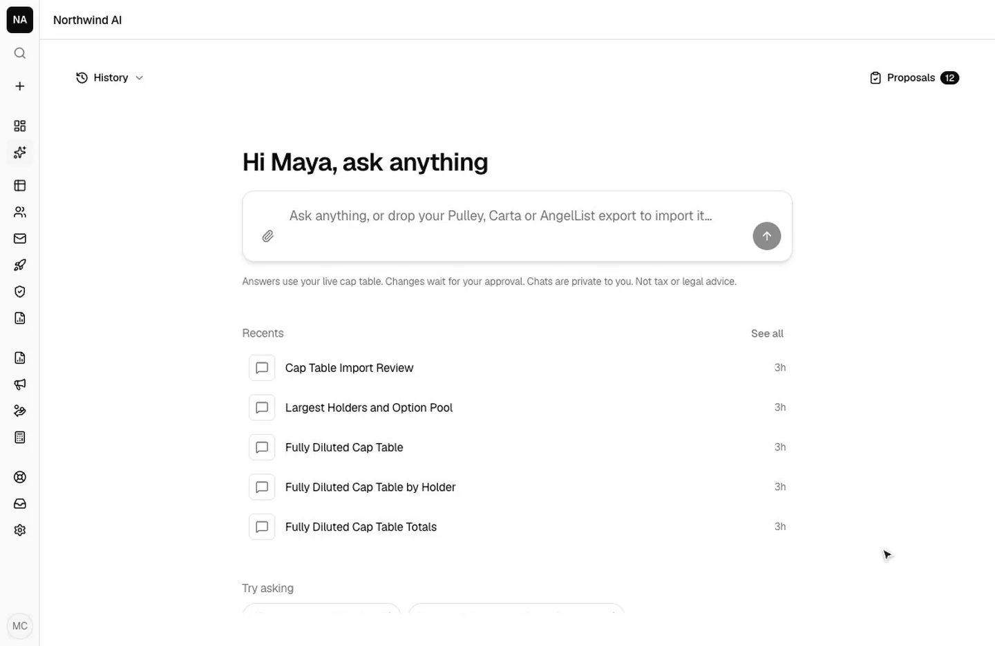 Capable AI answering what each holder receives at a $50M exit, with tables by class and by holder