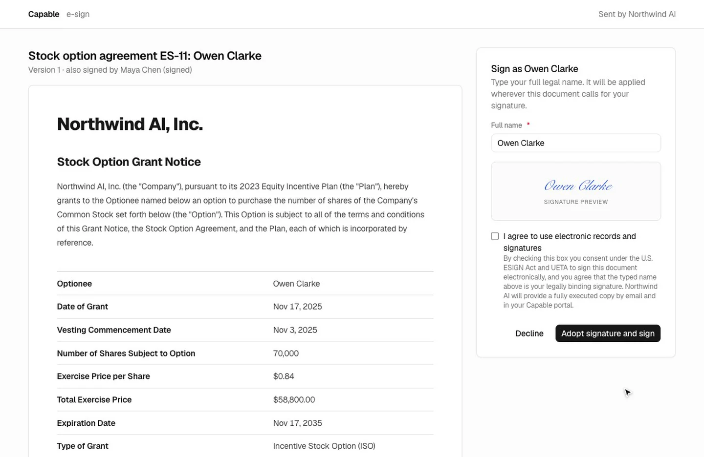 Signing a stock option agreement: typed signature, ESIGN and UETA consent, fully executed