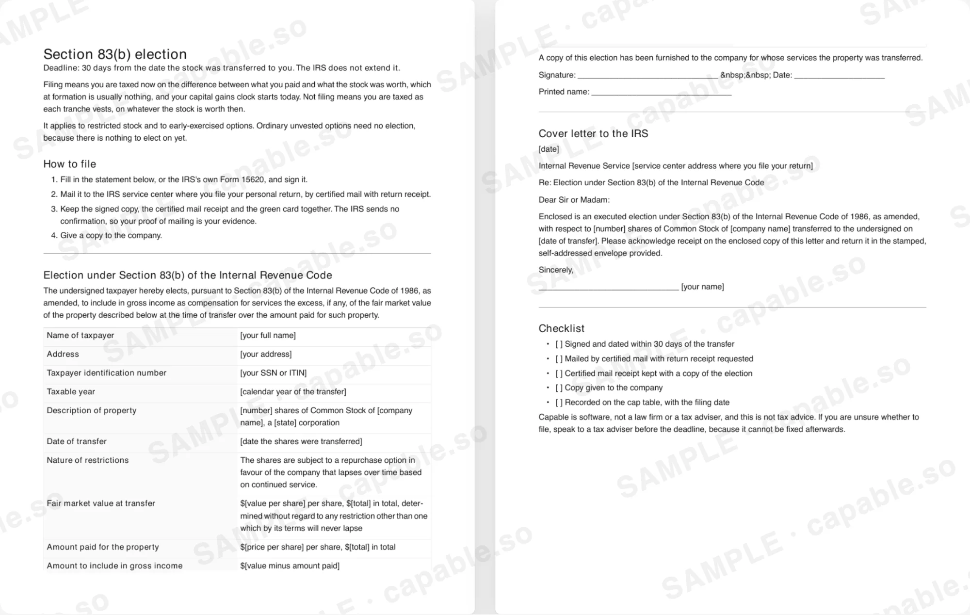Preview of the 83(b) election template, marked SAMPLE