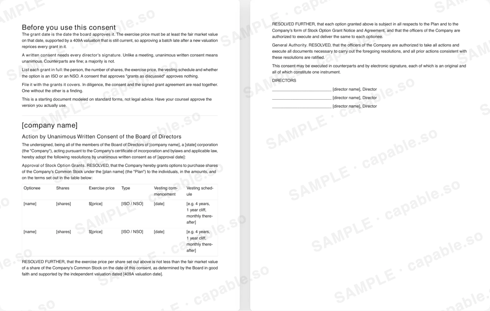 Preview of the board consent template, marked SAMPLE