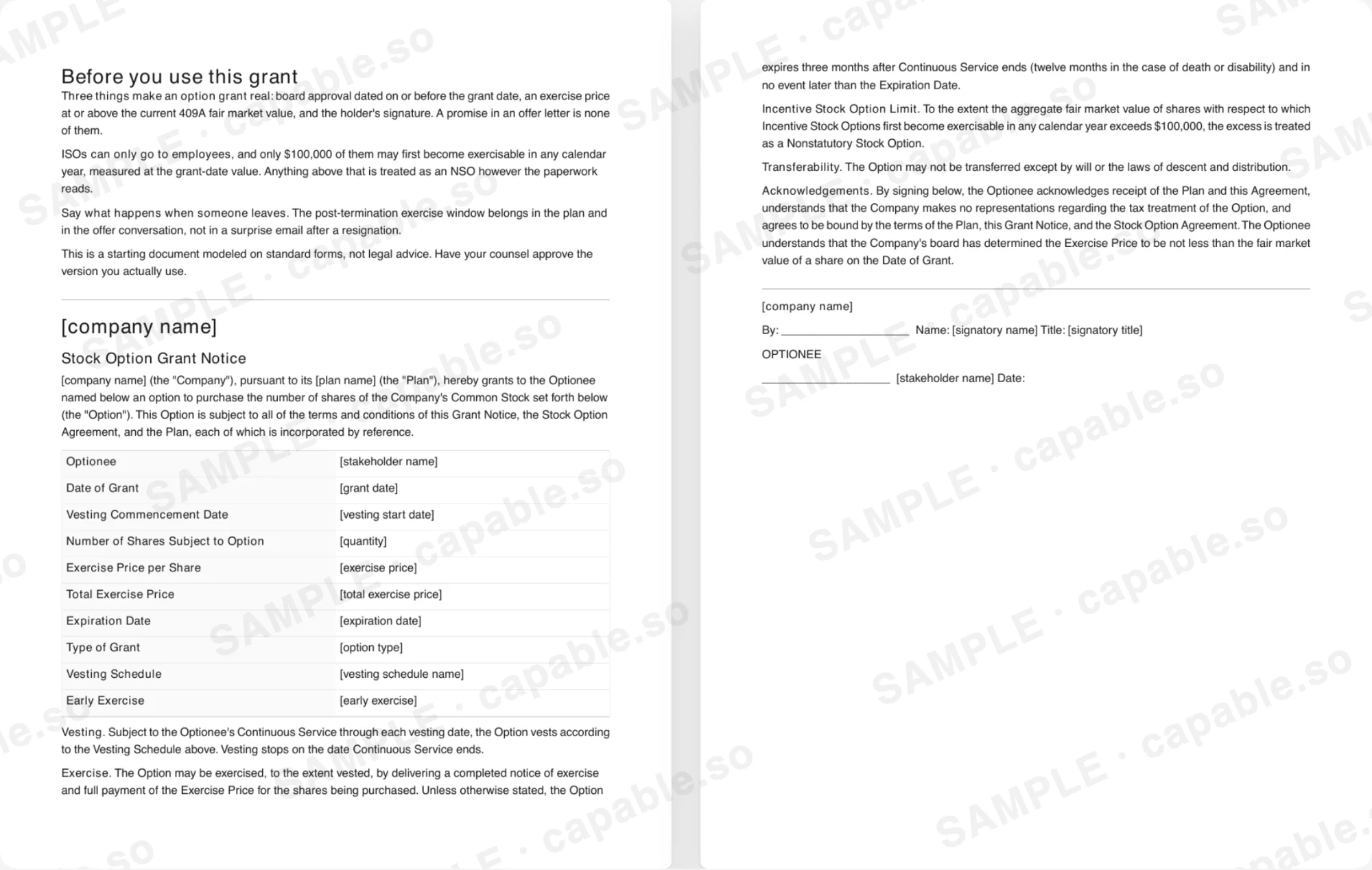 Preview of the option grant template, marked SAMPLE